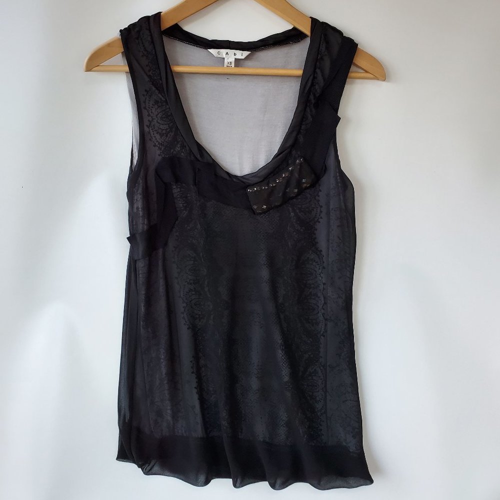 CAbi Women's Extra Small tank blouse - black with sheer overlay over rinestones